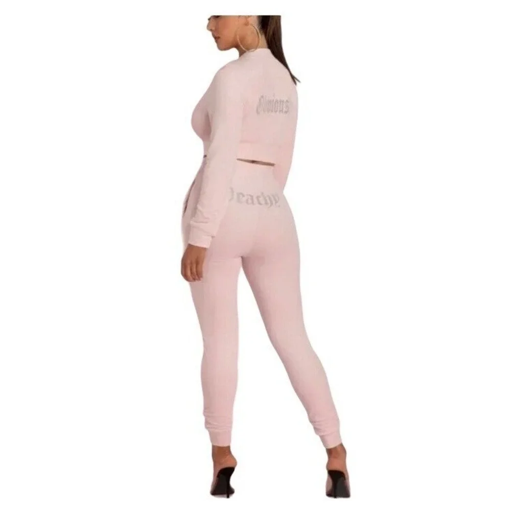 Y2K Pink Velvet Velour 2 pc Tracksuit Bling Crop Jacket‎ Top L & M Sweat Pants